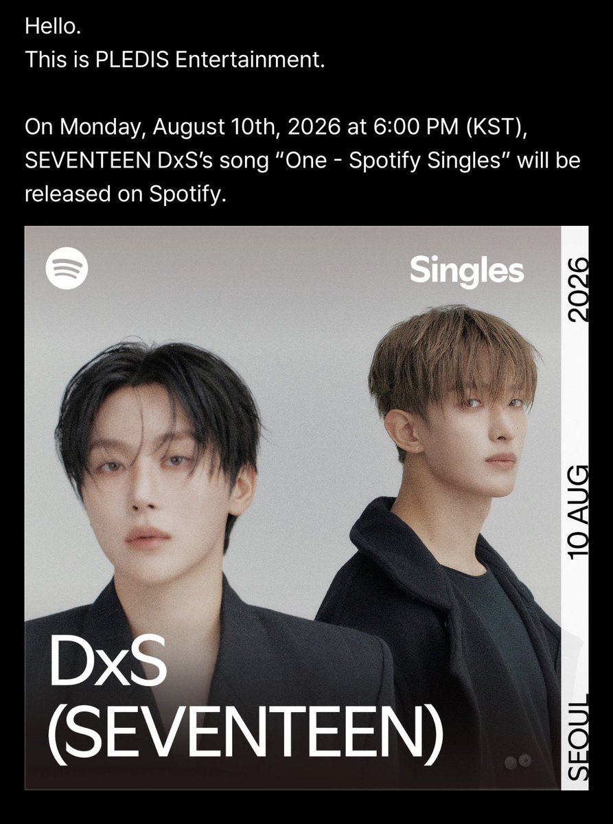 kwansources's tweet photo. DxS new song “One - Spotify Singles” will be released on Spotify next week, August 10, 2026, 6 PM (KST) #승관 #도겸

new song from dokyeom and seungkwan! https://t.co/KECksKymr6