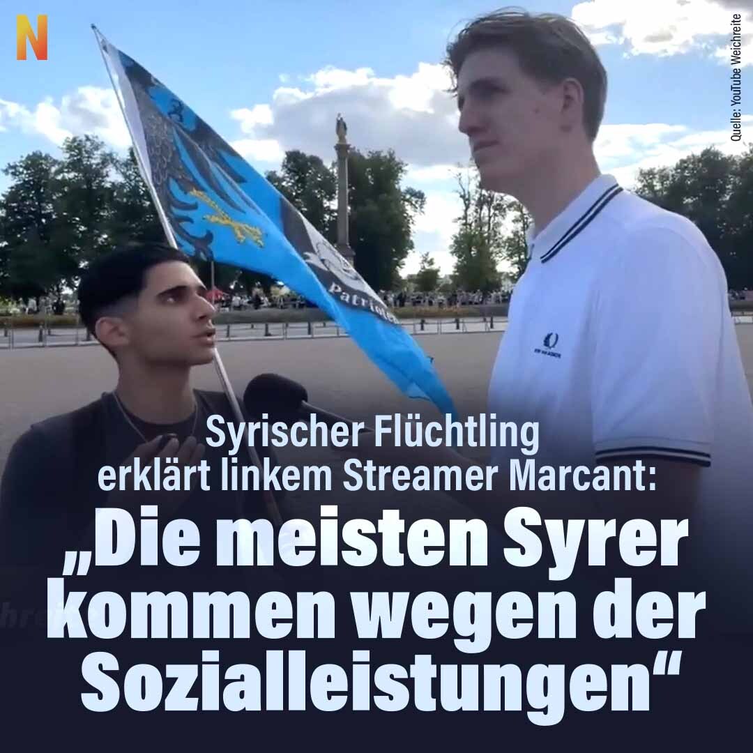 niusde_'s tweet photo. Mit diesen Antworten hatte Marcant offenbar nicht gerechnet: Ein Syrer spricht offen über Migration, Sozialstaat und Kriminalität – und bringt den linken Streamer damit sichtbar in Argumentationsnot:
https://t.co/fukjF2gZZL https://t.co/jNABWIFOnX