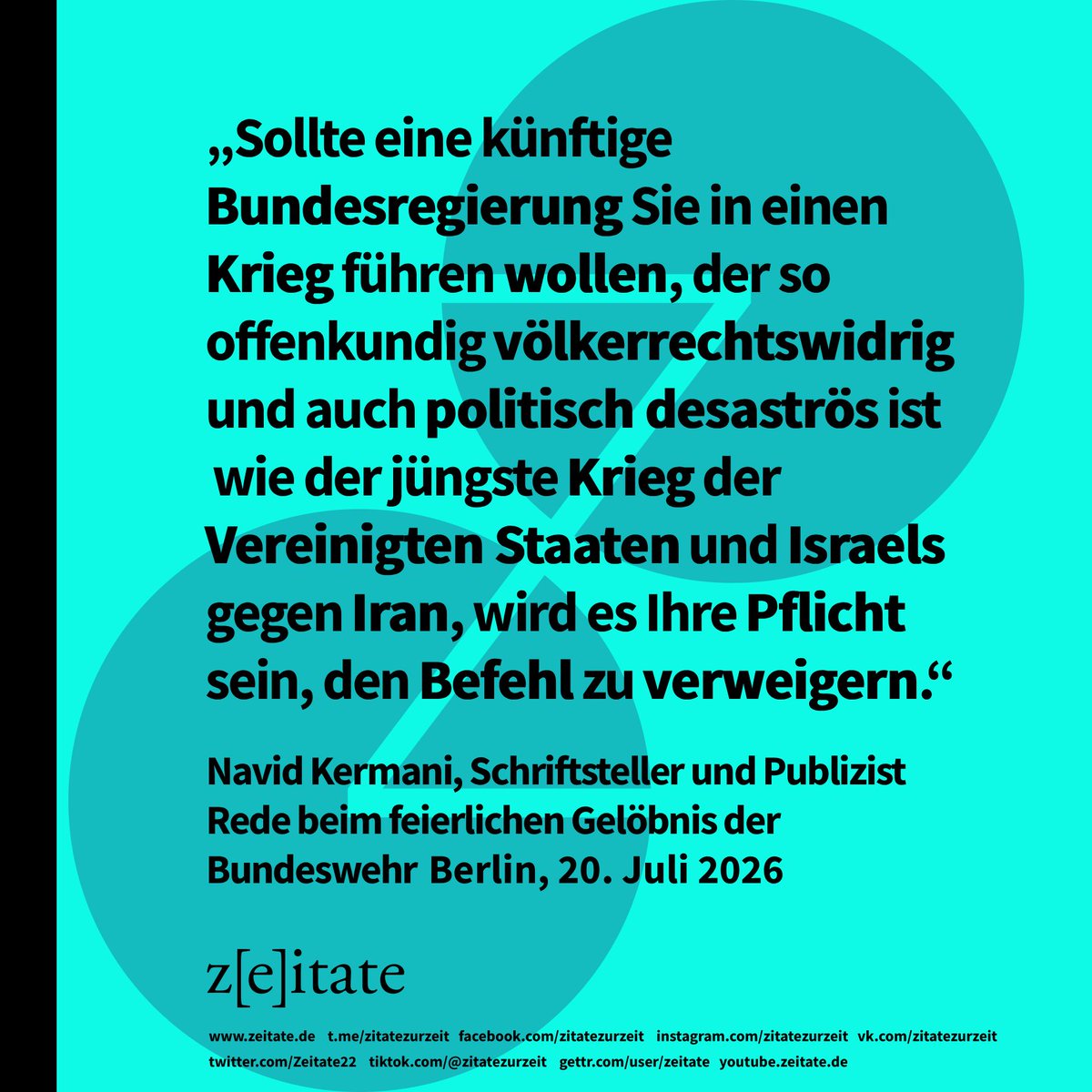 Zeitate22's tweet photo. #Krieg #bundesregierung #wehrpflicht #voelkerrecht #rede #navidkermani #usa #IsraeliWarCrimes #Iran #verweigern https://t.co/ki6DZvpqiL