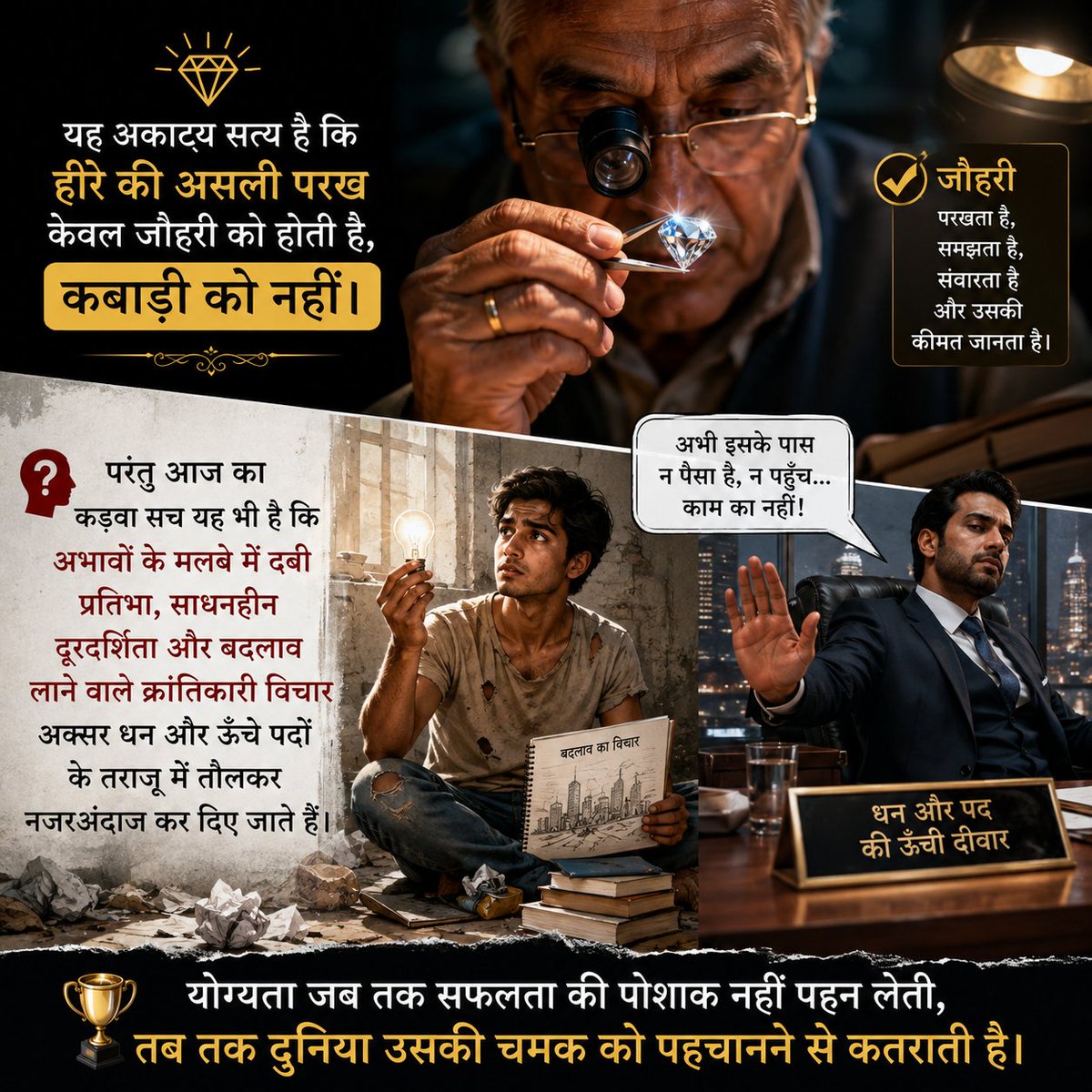 Narendraa_Sing's tweet photo. "यहाँ प्रतिभा नहीं, परिचय और पैसा चयनित होते हैं। 
दुनिया का सबसे बड़ा कबाड़ी वह है, जो इंसानों की प्रतिभा को कूड़ा समझता है।
हर अनमोल हीरा पहले किसी न किसी की नज़र में सिर्फ़ एक पत्थर था।"
#सुविचार
@S_N_Suryavanshi 
@prasad_agrey 
@ShivBhakt_Abhi https://t.co/JYbKFYCgYg
