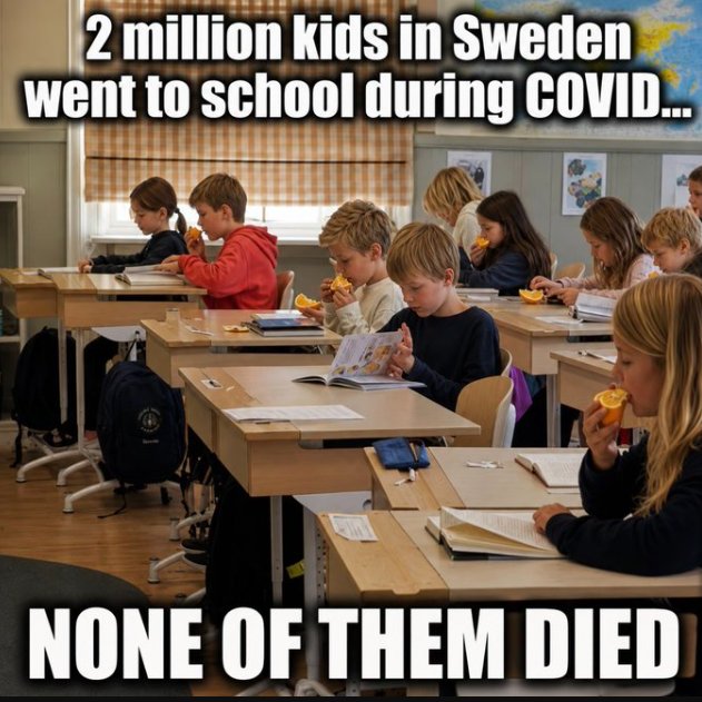 ValerieAnne1970's tweet photo. 2 million kids in Sweden went to school during COVID…
NONE OF THEM DIED.

While much of the world locked children out of classrooms for months (or years), Sweden kept schools open.

The data was clear early on. The panic wasn’t. https://t.co/oG0BcQ0RXv