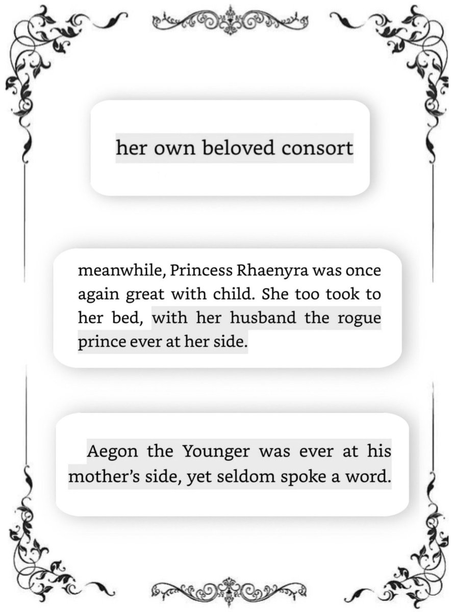 roguesdelights's tweet photo. my favorite quotes that are exclusively within daemon and rhaenyra’s novella’s.

daemon being referred to as rhaenyra’s “beloved consort”, and the parallel made between daemon and aegon, both “ever at [rhaenyra’s] side” 🖤 https://t.co/vPxxCpSHuK