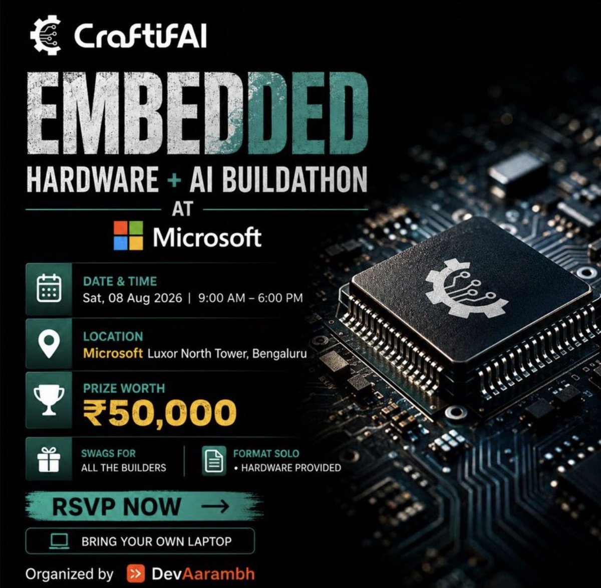 RoboticswithV's tweet photo. Embedded Hackathon @Microsoft Bengaluru! 

Register Here : https://t.co/JWmCCLCHtw

@devaarambh @craftifai https://t.co/J6b9zUSopR
