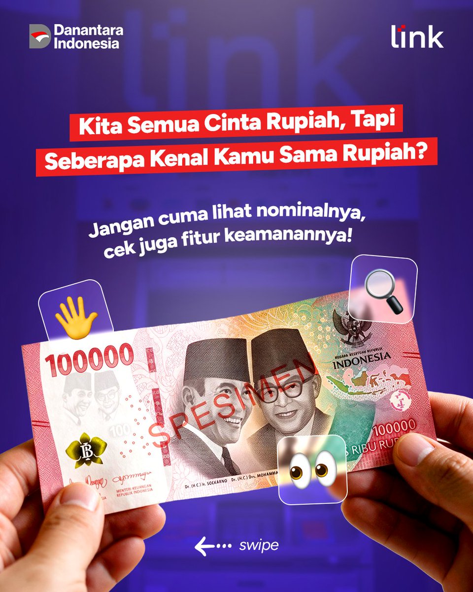 atmlinkofficial's tweet photo. Kita semua cinta uang Rupiah, tapi sudah seberapa kenal dengan ciri keamanannya? Jangan cuma lihat nominalnya, ya! Uang Rupiah punya fitur keamanan yang bisa dicek dengan metode 3D (Dilihat, Diraba, Diterawang). Kamu jadi bisa lebih mudah memastikan keaslian uang yang diterima. https://t.co/QcSF0ZNQP4