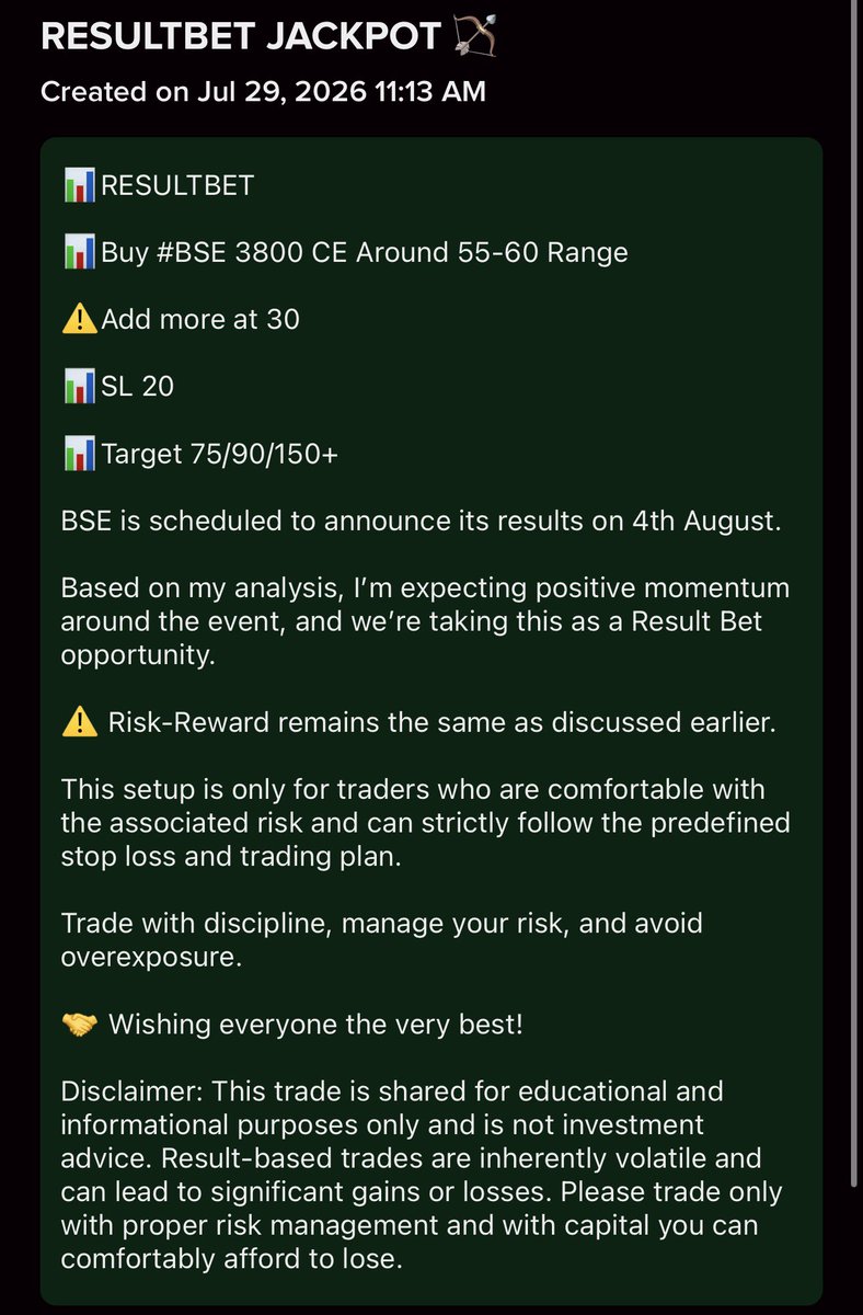 TheTradeTitansX's tweet photo. 🐢📈 BSE Result Bet Jackpot! 🚀 Multiple Trades, Massive Gains | Result Season Winner

Another High-Conviction Result Bet Successfully Booked!

The BSE (Bombay Stock Exchange) Result Bet has finally been booked after a disciplined positional hold, delivering another outstanding performance during the earnings season.

This was not just a single trade—we strategically carried three option positions, with one recommended in the One Million Club and two shared as Locked Trades.

🎯 Trades Executed

📌 BSE 3600 CE
📌 BSE 3700 CE
📌 BSE 3800 CE

All three positions were taken as Result-Based Trades and were held patiently for five trading sessions. Throughout the holding period, continuous follow-ups and trade management updates were shared, ensuring disciplined execution until the exit.

The attached screenshots highlight the complete journey and the gains booked across all three positions.

An additional BSE 3900 CE was recommended later as the final trade. After a sharp spike, the premium retraced, making it the right time to book profits and close the position rather than continue holding.

📈 Trade Highlights
🟩 Three Result Bet positions successfully executed.
🟩 Five-day positional hold with disciplined follow-ups.
🟩 One Locked Trade delivered a 2X return.
🟩 The second Locked Trade was closed around cost, ensuring disciplined capital management.
🟩 All BSE Result Bet positions have now been successfully booked.

Another high-conviction Result Bet executed with patience, proper trade management, and disciplined exits.

A massive BSE Jackpot has been successfully booked. ✅

#BSE #ResultBet #EarningsSeason #OptionsTrading #TradeTitans #StockMarket #Trading