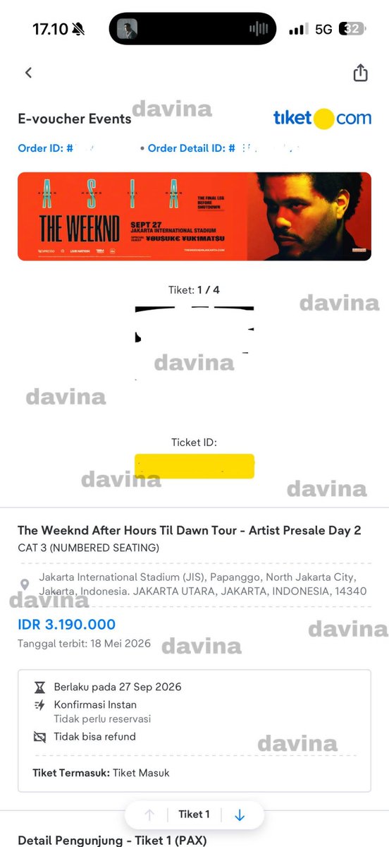 nayandhitaa's tweet photo. WTS 2 Tiket Cat 3 The Weeknd Day 2 in Jakarta Hari Minggu, 27 September 2026!
• Tiket diurus sampai fisikk
• Boleh COD Vanue
• Serious Buyer Only!!
Boleh banget nego kokkkkk
DM for More Info😉🫰🏻
#WTS #WTB #TheWeeknd
#TheWeekndinJakarta #ZonaUang #WTSTheWeeknd https://t.co/4xTiNBXHE4