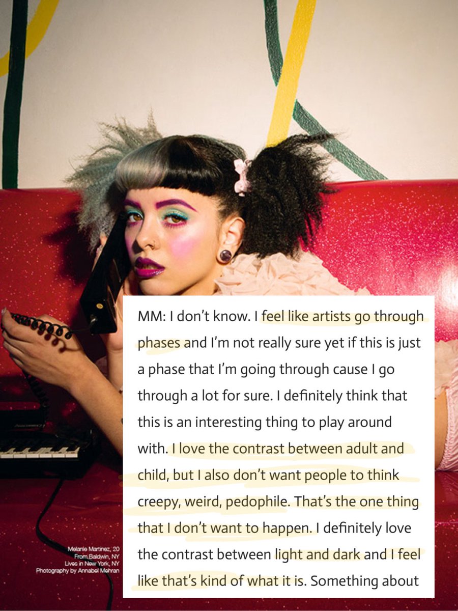 hadesfaerie's tweet photo. I’m trying to understand why some Melanie Martinez antis keep pushing and fantasizing about her being a p*do when she’s never been into it… 2015  interview btw. https://t.co/ukiuPZnQRQ