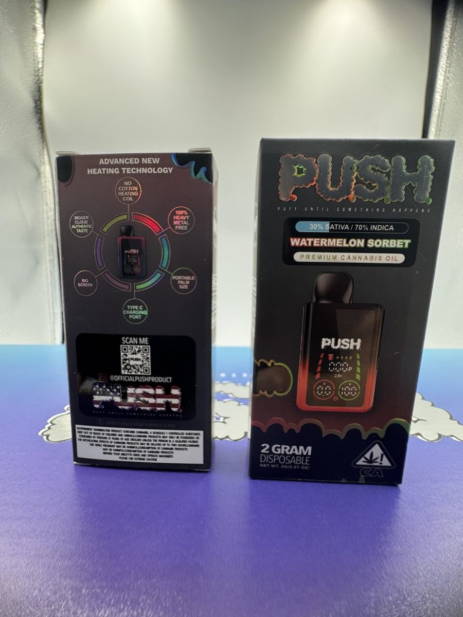 NcDispos's tweet photo. NEW PUSH 2G DISPOSABLES AUTHENTIC 
Push 2 gram disposable new flavors and 
Some outstanding device performance with advanced new heating technology 
#pushcarts #PushDisposables #thcvapes
#Caliweed #weedpen #street #Game #LA https://t.co/PdwGWE9omG