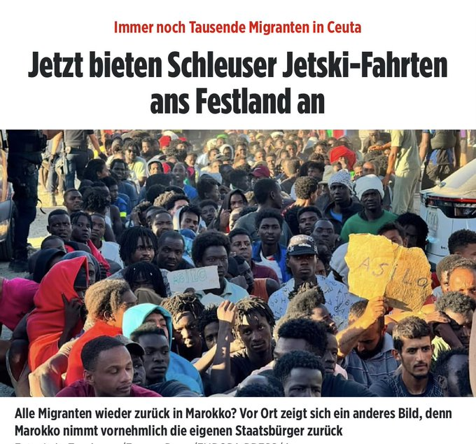 LotteHellwig's tweet photo. Alle Migranten wieder zurück in Marokko? Das aktuelle Stadtbild von Ceuta sieht anders aus.  

Ausserdem nimmt Marokko nur Marokkaner zurück. https://t.co/og5G9DMaLk