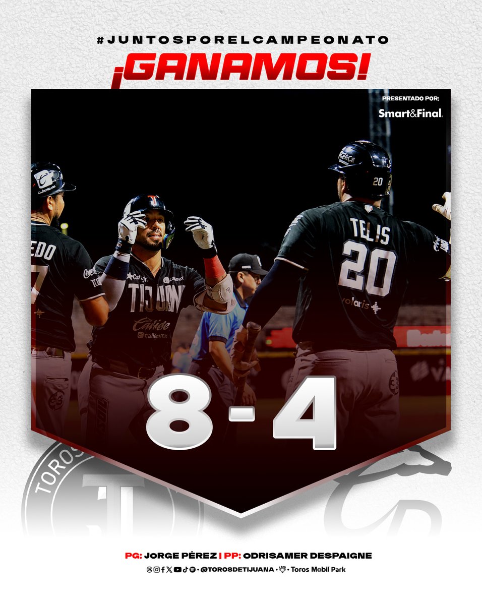 TorosDeTijuana's tweet photo. ¡VICTORIA EN DURANGO!

Ofensiva de ocho carreras y catorce imparables para llevarnos el primero en el Francisco Villa. ¡Mañana vamos por la serie!

Presentado por Smart&amp;Final

#TorosDeCorazón https://t.co/8zrRvvugqr