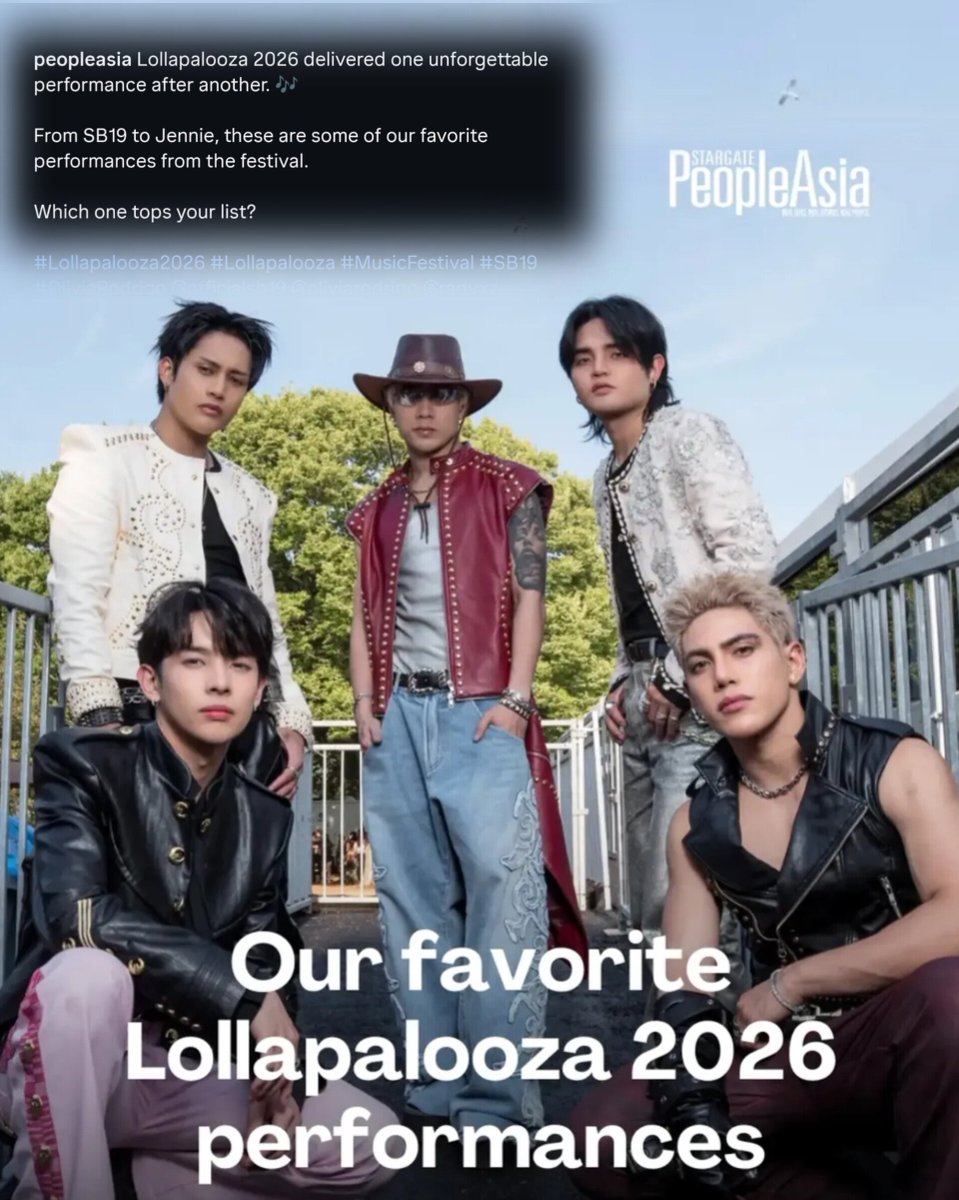 SB19SBLink's tweet photo. Lollaplooza 2026 concluded over the weekend but the hype is still on. 

People Asia picked their favorite Lollapalooza performances and SB19 made it to the list. They know. 

🔗https://t.co/lgr5lTWPBK

@SB19Official #SB19 
#SB19atLollapalooza https://t.co/KoHGjMLdVv