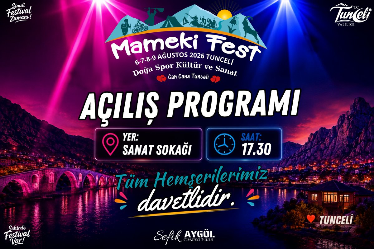 TunceliValiligi's tweet photo. ‼️❣️ MAMEKİ FEST BAŞLIYOR ❣️‼️

🚩 Doğa, spor, kültür ve sanatın bir araya geldiği Mameki Fest’in açılış heyecanını hep birlikte yaşıyoruz.

🚩 Festival coşkusuna ortak olmak, bu güzel başlangıcı hep birlikte yapmak için tüm hemşehrilerimizi açılış programımıza davet ediyoruz.

📍 Sanat Sokağı
🗓️ 5 Ağustos (Bugün)
⏰ 17.30

💕 #CanCanaTunceli 💕

@sefikaygol
@TCKulturTurizm