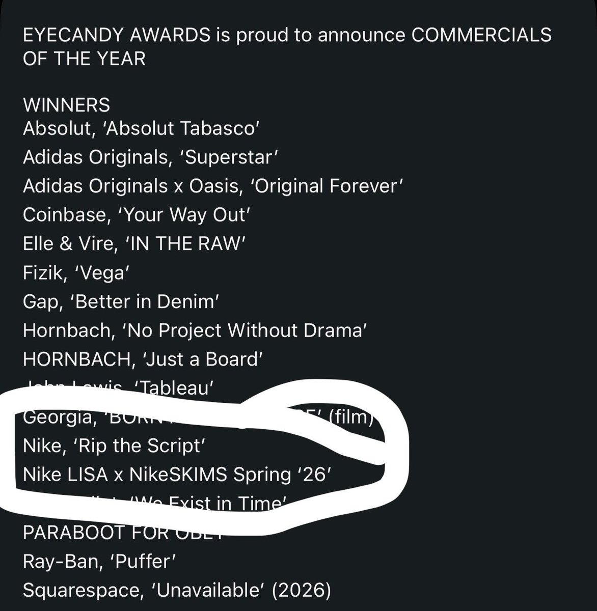 LaliceUpdates's tweet photo. EYECANDY AWARDS is proud to announce COMMERCIALS (2026) OF THE YEAR:

incl:
- NIKE, 'RIP THE SCRIPT'
- @Nike #LISA X NIKESKIMS SPRING '26'

Congratulations @nikefootball @skims @wearelloud 

(Eyecandy is a filmmaking platform that allows creators to exhibit their work, exchange ideas, and find inspiration. An open global platform and visual technique library for filmmakers, art directors, and creators.) 

🔗 https://t.co/fkFIeHwDTG

#LISAxNIKE