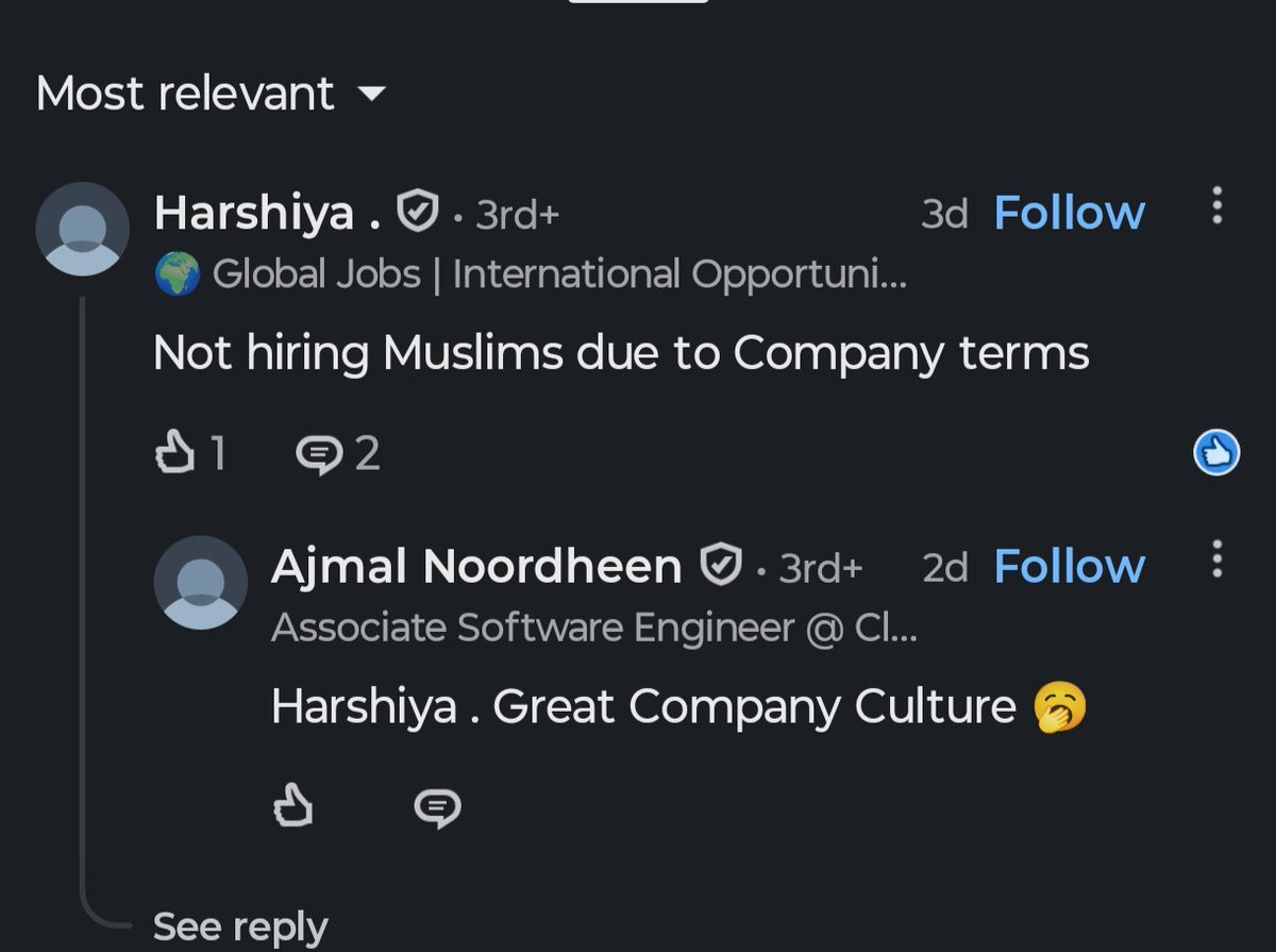 Muslim_ITCell's tweet photo. Meet Harshaya, the so-called “recruiter” from Capgemini Consultancy, just told a qualified Muslim candidate to his face:“We DON’T HIRE MUSLIMS.”

For a job in DUBAI. A Muslim-majority country.

A company that makes billions from Gulf contracts is openly enforcing a no-Muslims policy in the Muslim world, and calling it “company terms.”

Keep in mind, millions of Hindus work freely across Saudi, UAE, Qatar, Oman with zero religious filters.