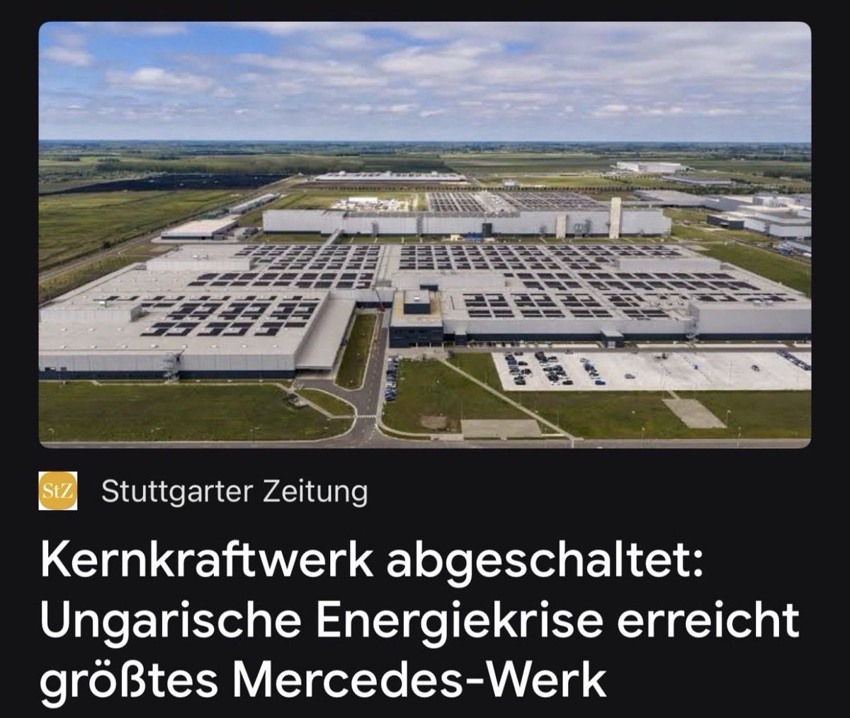 gdswirkt's tweet photo. Guten Morgen 🌞 

Das Märchen von der “ewigen Grundlast” endet dort, wo der Fluss beginnt.

Ungarn musste sein einziges AKW herunterfahren, weil schlicht das Kühlwasser fehlt.

Gleichzeitig steht dort das größte Mercedes-Werk der Welt und soll Strom sparen. https://t.co/L81sb4XUFt
