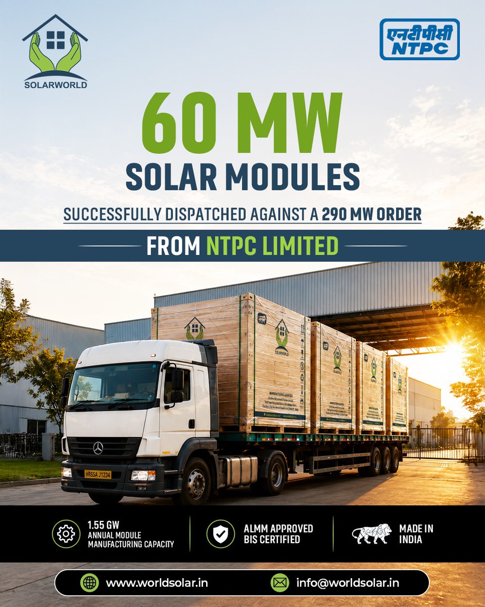Solarworlden's tweet photo. Major milestone unlocked! 🚚☀️

We’ve officially dispatched 60 MW of high-efficiency Solar PV Modules to NTPC Limited—a key step in fulfilling our total 290 MW project order.

We’re proud to drive India’s clean energy transition forward, one shipment at a time. 🇮🇳🌿
#Solarworld https://t.co/UYmmVxP23t