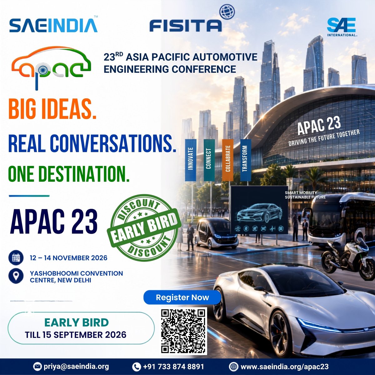 SAEINDIAHQ's tweet photo. Innovation isn't built in isolation—it's built through conversations, collaboration, and shared vision

🎟️ Register before 15 September 2026 to avail the Early Bird offer.

📅 12–14 November 2026
📍 Yashobhoomi Convention Centre, New Delhi
🔗 https://t.co/m5njocqDjd https://t.co/lFBe3LgzoK