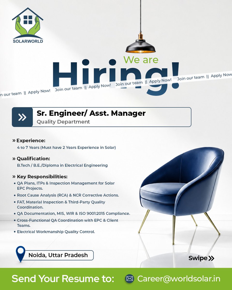 Solarworlden's tweet photo. WE ARE HIRING! 🚀

Solarworld Energy Solutions is hiring engineering professionals for utility-scale solar EPC projects in Noida, UP!

Check the roles below &amp; apply today 🧵👇

#SolarJobs #Hiring #NoidaJobs #Solarworld https://t.co/xvLUaeGQLE