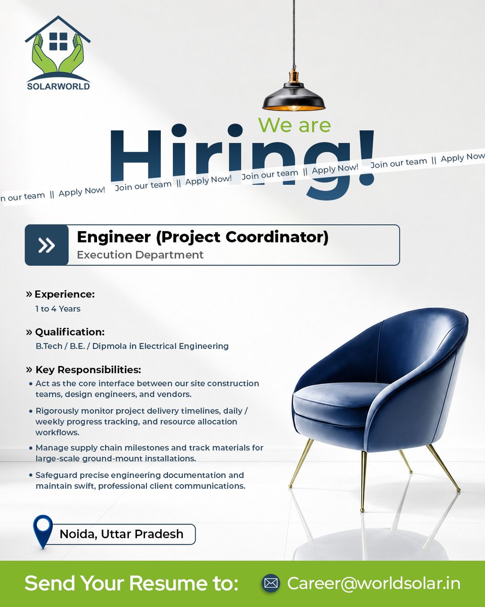 Solarworlden's tweet photo. WE ARE HIRING! 🚀

Solarworld Energy Solutions is hiring engineering professionals for utility-scale solar EPC projects in Noida, UP!

Check the roles below &amp; apply today 🧵👇

#SolarJobs #Hiring #NoidaJobs #Solarworld https://t.co/xvLUaeGQLE