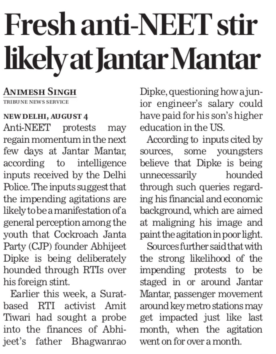 animesh0712's tweet photo. Intelligence inputs indicate at likelihood of a fresh anti-NEET like stir by students and @CJP_for_India amid @abhijeet_dipke hinting at a possible sit-in if demands for compensation for kin of students and withdrawal of FIRs are not met. @thetribunechd https://t.co/oTLzgC70px