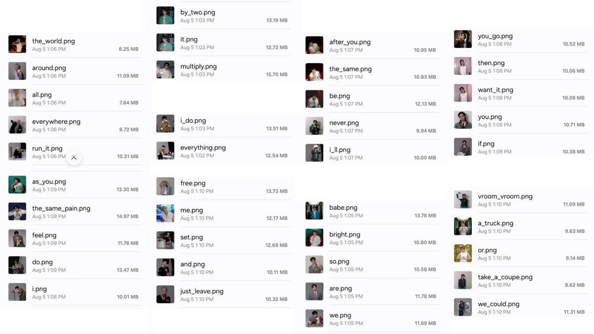 staysday6's tweet photo. the file names are lyrics!

🐺: run it everywhere all around the world
🐰: everything i do, multiply it by two
🐖🐇: i'll never be the same after you
🥟: if you want it then you go
🐿: i do feel the same pain as you
🐥: just leave and set me free
🐶: we are so bright babe
🦊: we could take a coupe or a truck vroom vroom