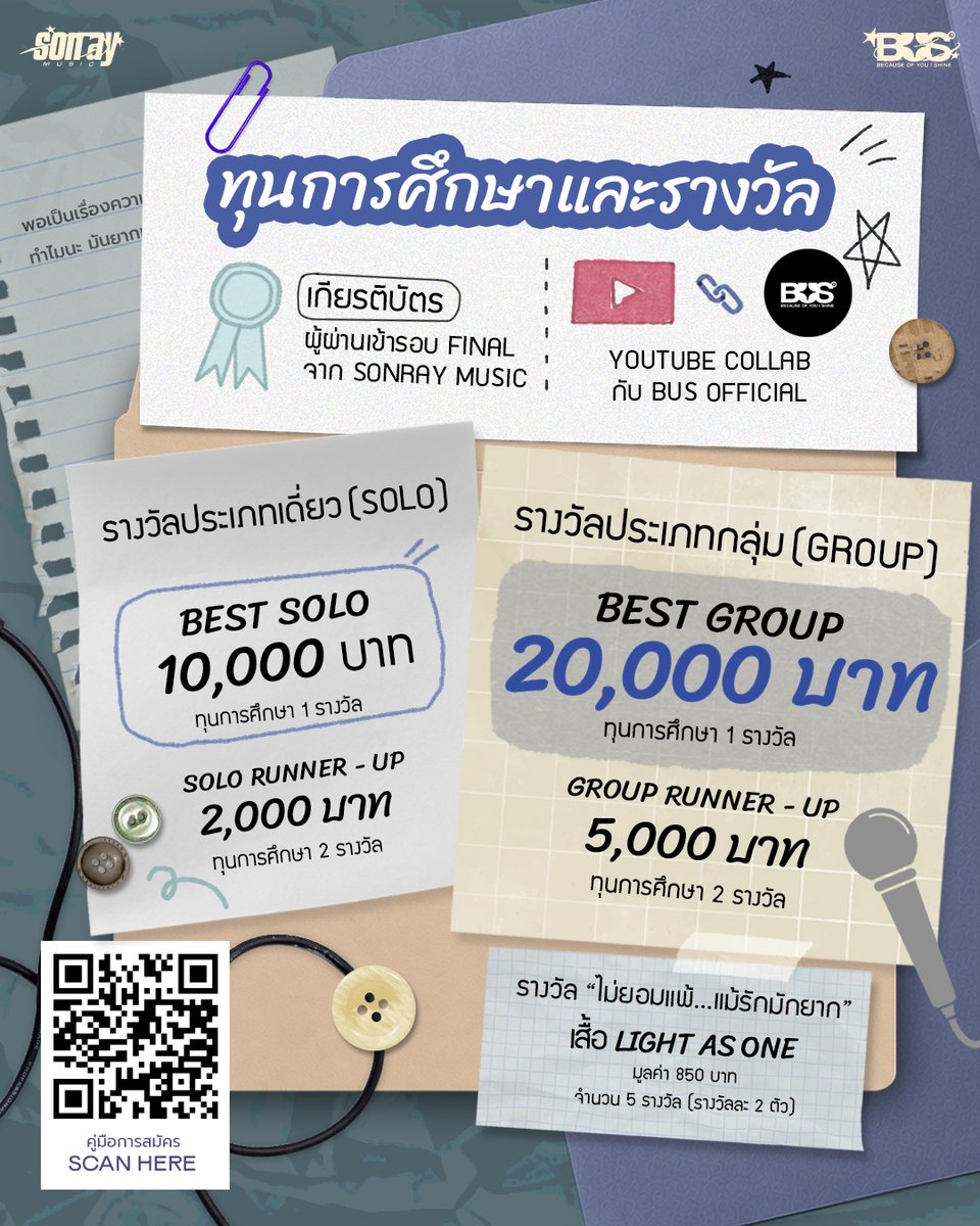 BUS_SONRAY's tweet photo. “รักมักยาก (Lover Loser) COVER SONG CONTEST”

🎤 กิจกรรมประกวดร้องเพลง Cover สำหรับนักเรียน–นักศึกษา อายุไม่เกิน 25 ปี ถ่ายทอดเพลง รักมักยาก (Lover Loser) ของ BUS because of you i shine ในสไตล์ของผู้เข้าแข่งขัน

🏆 ชิงทุนการศึกษารวมมูลค่ากว่า 50,000 บาท พร้อมโอกาสเผยแพร่ผลงานผ่านช่องทาง Official ของวง BUS because of you i shine

🗓️ เปิดรับสมัครและส่งผลงาน วันนี้ – 31 สิงหาคม 2569

📖 คู่มือการสมัครเข้าร่วมการประกวด
🔗: https://t.co/Q3OASKqsz9

📝 สมัครเข้าร่วมการประกวด
🔗 : https://t.co/cFO92Pc6l3

• ประกาศผลผู้ผ่านเข้ารอบ FINAL : 11 กันยายน 2569
• ประกาศผลผู้ได้รับรางวัล : 21 กันยายน 2569

#รักมักยากCoverSongContest
#BUS_รักมักยาก
#BUSbecauseofyouishine