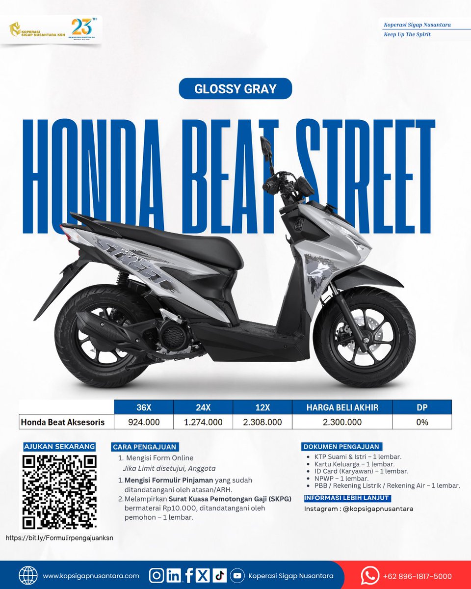 sigapnusantara's tweet photo. Mau punya Honda Beat Street tanpa DP?
Bersama Koperasi Sigap Nusantara (KSN), kini bisa!
✅ DP 0%
✅ Angsuran mulai Rp924.000/bulan (36x)
✅ Anggota aktif minimal 1 tahun
Ajukan sekarang 👇
https://t.co/L5pPyc0SMm
Harga & angsuran dapat berubah sewaktu-waktu.
#KSN https://t.co/wJDIMzXYPh