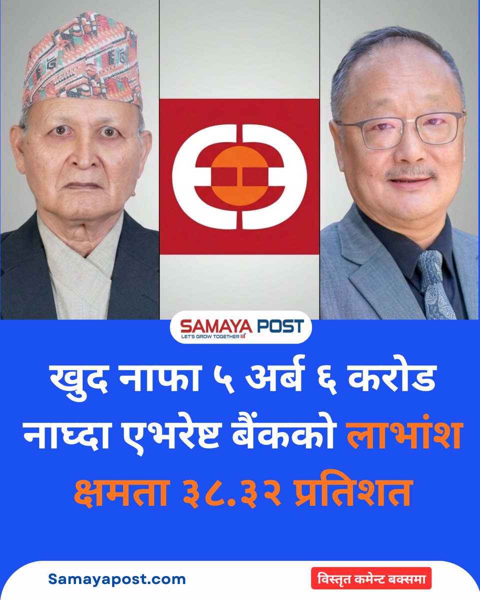 samayapost's tweet photo. खुद नाफा ५ अर्ब ६ करोड नाघ्दा एभरेष्ट बैंकको लाभांश क्षमता ३८.३२ प्रतिशत https://t.co/i6kyJOLfDe
#EverestBank #EBL #FinancialReport #Q4Report #NepalBanking #ShareMarketNepal #NEPSE #DividendCapacity #Samayapost https://t.co/AfpFMeT2AZ