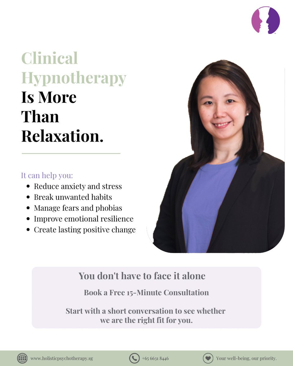 HolisticPsychC's tweet photo. Take the first step with a free 15-minute consultation.

📞+65 6631 8446
🌐https://t.co/MkiPZ3qlhw

#ClinicalHypnotherapy #MentalWellbeing #MentalHealthSupport #EmotionalWellbeing https://t.co/uNNZm3AvfE