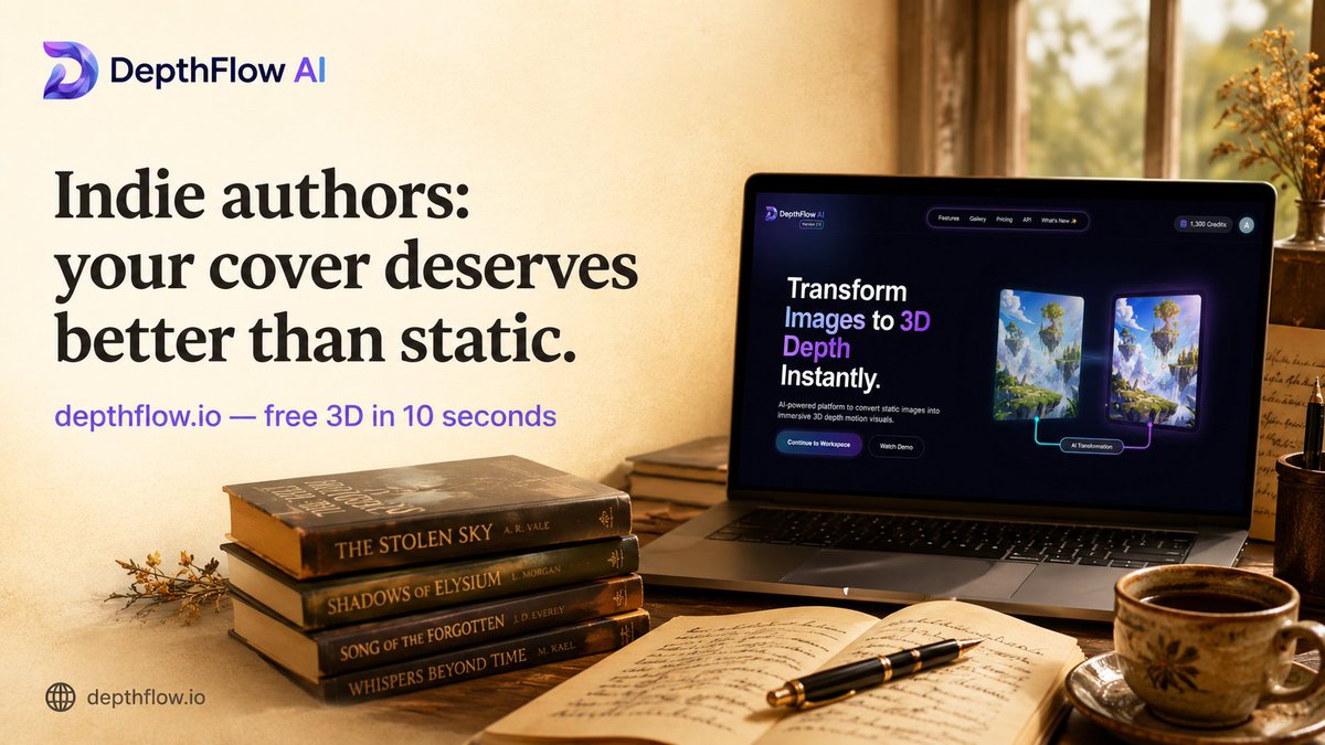 depthflow_ai's tweet photo. Indie authors spend months on a manuscript and 10 minutes marketing it.

Quick win: take your book cover → https://t.co/4BPNKaBp1X → 3D parallax version → post it on launch day.

Free. 10 seconds. Looks like a publisher made it. 📖🌊

#IndieAuthor #SelfPublishing #DepthFlow https://t.co/ZOjs8Yi0PE