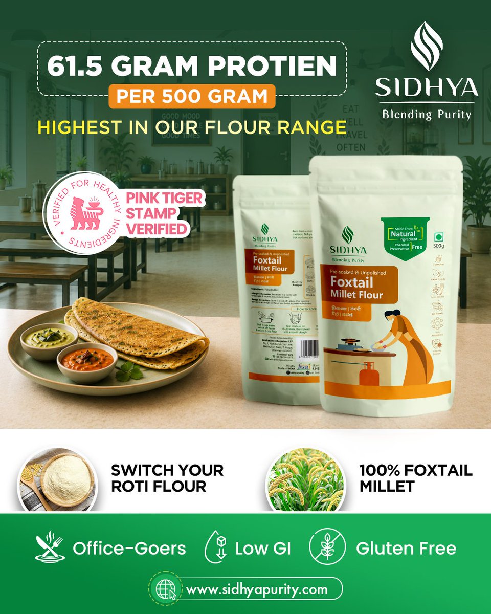 sidhyapurity's tweet photo. Your roti deserves an upgrade. 🌾

61.5g protein per 500g — the highest in our entire flour range. 

✅ 100% Foxtail Millet
✅ Naturally gluten-free
✅ Pink Tiger verified ingredients

🛒 Shop now → https://t.co/jDfgzGQgEw

#SidhyaPurity #BlendingPurity https://t.co/rPvvXTJwbg