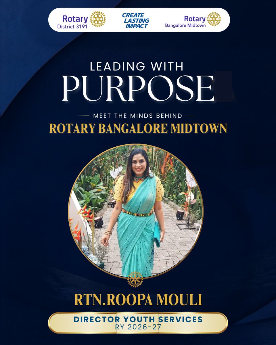 RCBMidtown's tweet photo. Meet Rtn. Roopa Mouli, Director – Youth Services for RY 2026–27. Together, we continue empowering young minds, nurturing future leaders, and creating opportunities that inspire lasting change.
#RotaryBangaloreMidtown #Rotary #RotaryInternational #YouthServices #ServiceAboveSelf https://t.co/zwS15KpVa3
