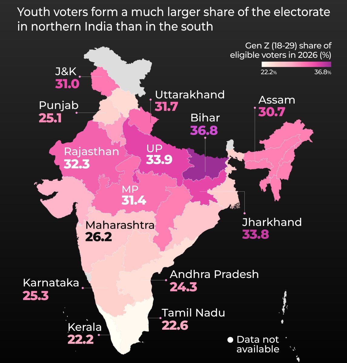 Indianinfoguide's tweet photo. 🚨Gen Z (18-29) share of eligible voters in 2026 (%)

Map- NDTV https://t.co/8wOfSeGfvL