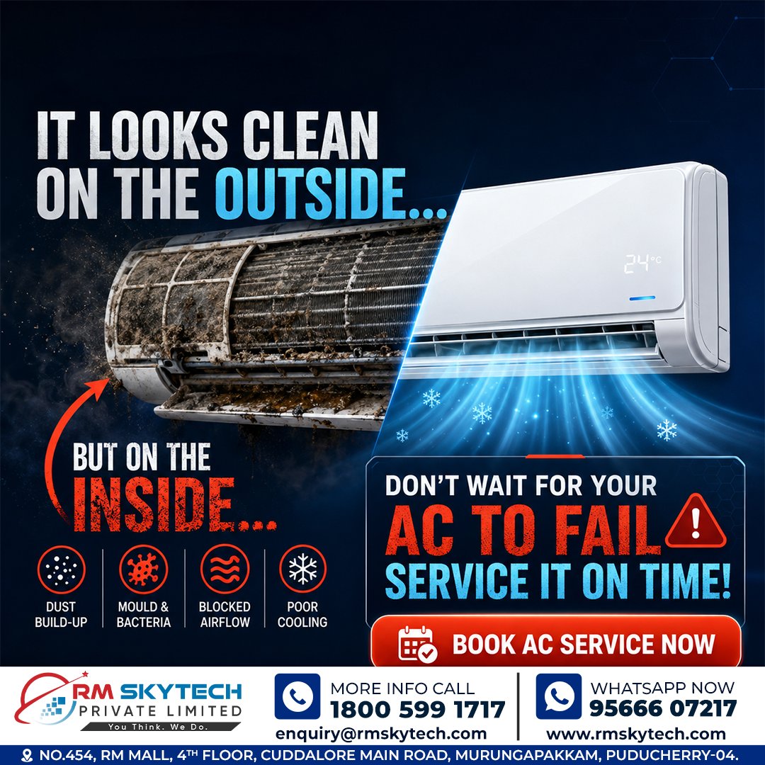 rm_repair_serv's tweet photo. Your AC may look clean on the outside... but inside it could be filled with dust, mould, bacteria &amp; blocked airflow.

#ACService #HVAC #AirConditioner #Summer #RMSkyTech #Puducherry #Cooling #Maintenance https://t.co/lhqdYtPAas