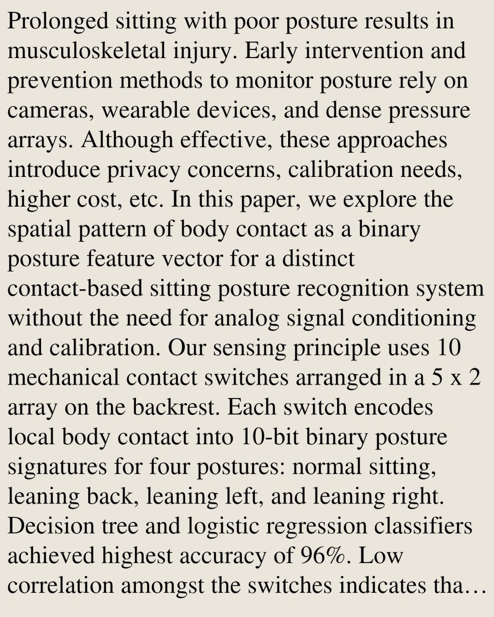 SignalPapers's tweet photo. Binary Contact Sensing for Sitting Posture Recognition Without Pressure Sensors

Orthy Toor, Khandaker Mashiat Rahman, Tonoya Mustafa, Abdullah Bin Shams
https://t.co/olgsn4wg5L [𝚎𝚎𝚜𝚜.𝚂𝙿] https://t.co/9Nsyi3bmOj