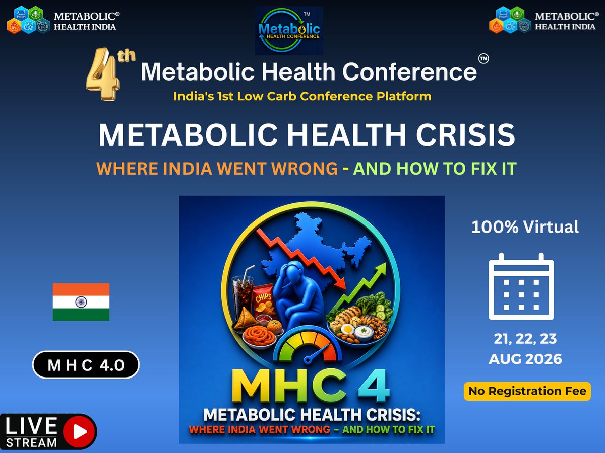 shashiiyengar's tweet photo. 🇮🇳 An India-Centric Conference for an India-Centric Crisis

For the first time, the Metabolic Health Conference has been intentionally designed with a predominantly Indian perspective.

Of the 32 sessions planned for MHC 4.0, 25 will be delivered by experts from India, Indian-origin clinicians practicing across the world, and speakers from neighbouring countries with similar cultural and dietary backgrounds. Only 7 sessions will feature international experts from outside the Indian diaspora.

This was a conscious decision.

India's metabolic health crisis is unique. Understanding our food traditions, cultural practices, healthcare challenges, and rapidly changing lifestyles is essential if we are to find meaningful and sustainable solutions.

That is why this year's conference brings together those who know India best.

"Metabolic Health Crisis: Where India Went Wrong – and How to Fix It."

📅 21–23 August 2026 🌐 100% Virtual 🎟️ No Registration Fee
Join us for three days of evidence-based discussions dedicated to improving the metabolic health of India.

Registration link will be released shortly.

The event will also be live-streamed in Youtube

https://t.co/pnmWxh5YS6