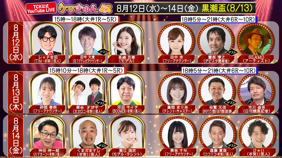 tck_keiba's tweet photo. 次開催の #ウマきゅん　は12日(水)から！

ゲスト情報①
12日(水) #田中大貴 さん
　　　　#薗部博之 さん
13日(木) #栗谷 さん #すがや さん #カカロニ 
　　　　#谷繁元信 さん
14日(金) #くまだまさし さん
　　　　#遠藤章造 さん #ココリコ 
⇒続く https://t.co/gkr9CQD0ns