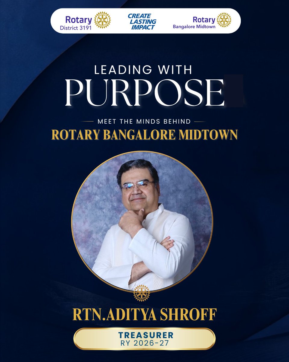 RCBMidtown's tweet photo. Meet Rtn. Aditya Shroff, Treasurer of Rotary Bangalore Midtown for RY 2026–27. Together, we continue building another impactful year rooted in trust, responsibility, and Service Above Self.
#RotaryBangaloreMidtown #Rotary #RotaryInternational #ServiceAboveSelf https://t.co/qxay2jlMvU