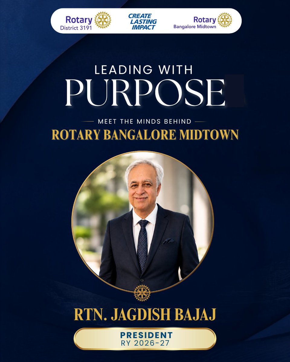 RCBMidtown's tweet photo. Meet Rtn. Jagdish Bajaj, President of Rotary Bangalore Midtown for RY 2026–27. As we begin another year of Service Above Self, we look forward to his leadership in carrying forward our legacy of service, fellowship, and lasting impact💙💛
#RotaryBangaloreMidtown #ServiceAboveSelf https://t.co/8YEuVxjij1