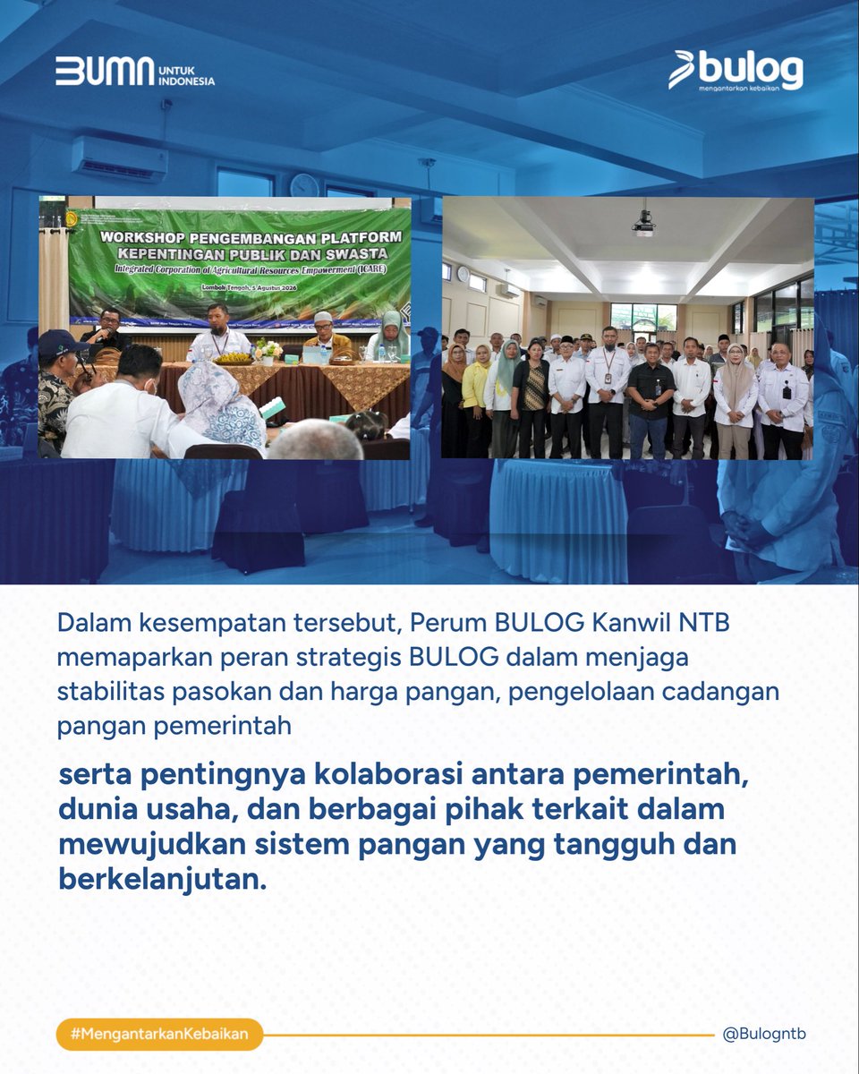 bulog_ntb's tweet photo. Perum BULOG Kanwil Nusa Tenggara Barat (NTB) hadir
sebagai narasumber dalam Workshop Pengembangan Platform Kepentingan Publik dan Swasta sebagai bentuk komitmen dalam memperkuat sinergi lintas sektor untuk mendukung ketahanan pangan dan pembangunan daerah.
#bulog https://t.co/MeHNHLXFdR