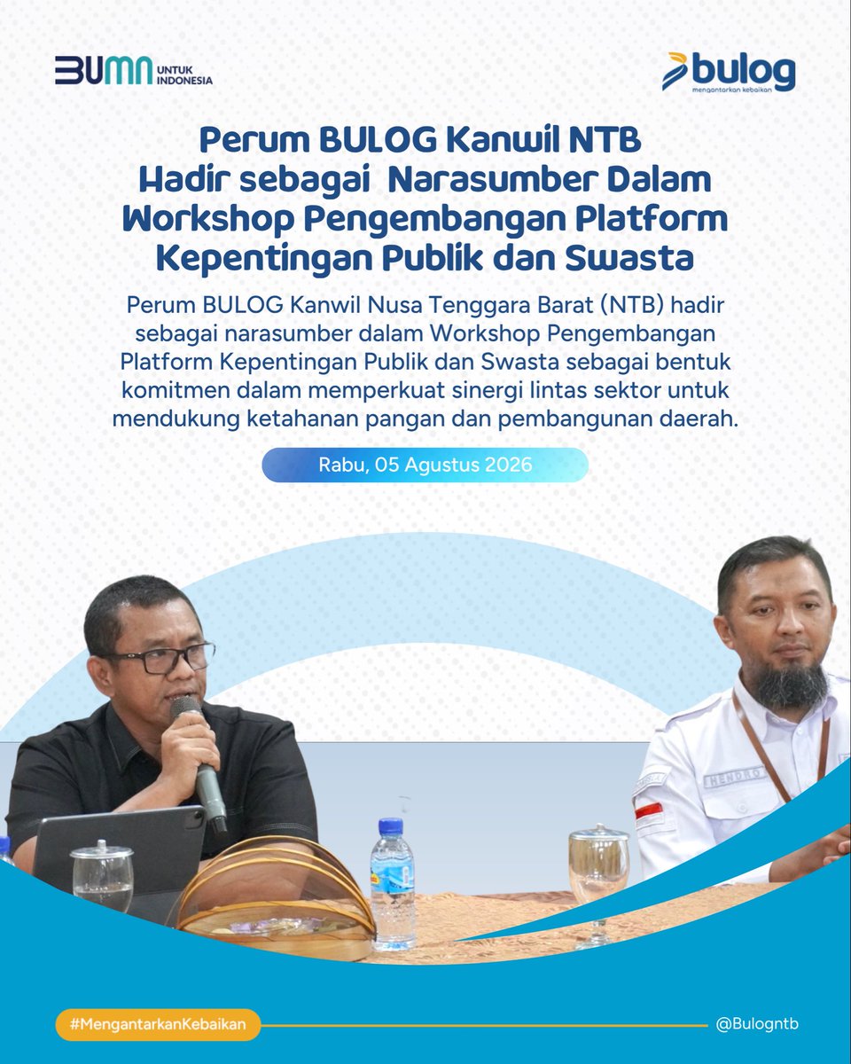 bulog_ntb's tweet photo. Perum BULOG Kanwil Nusa Tenggara Barat (NTB) hadir
sebagai narasumber dalam Workshop Pengembangan Platform Kepentingan Publik dan Swasta sebagai bentuk komitmen dalam memperkuat sinergi lintas sektor untuk mendukung ketahanan pangan dan pembangunan daerah.
#bulog https://t.co/MeHNHLXFdR