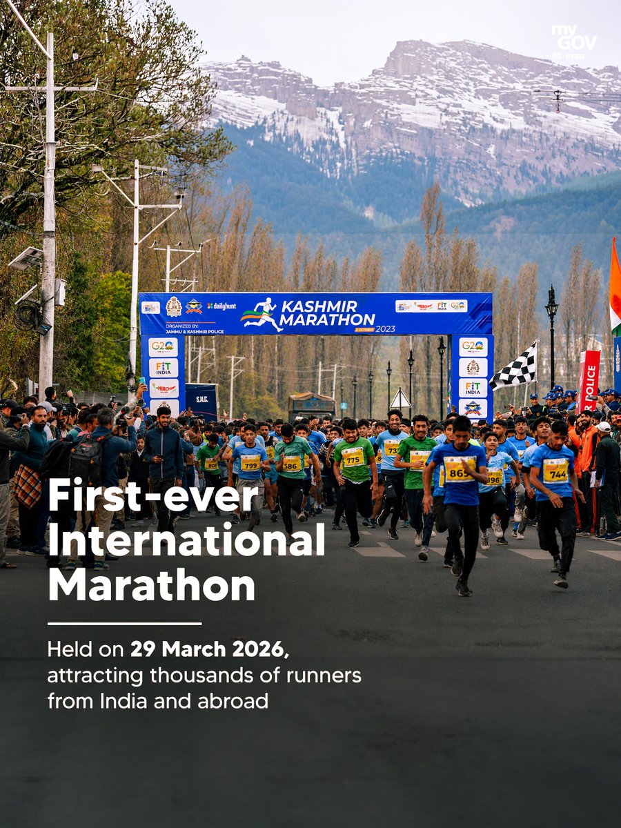 MIB_India's tweet photo. Kashmir’s sporting landscape is gaining momentum, with the first-ever International Marathon held on 29 March 2026, attracting runners from India and abroad, and the Khelo India Winter Games 2026 witnessing participation from around 1,000 athletes.

#Article370Abrogation https://t.co/qv2TH6Gj7F