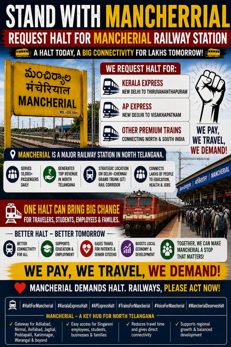 MadhuKar15a's tweet photo. Mancherial is a railway station that serves 10,000+ passengers every day, lies on the vital Delhi-Chennai Grand Trunk route & contributes significantly to railway revenue deserves fair connectivity. Yet, Mancherial still has no halt for Kerala Express, AP Express and several trains.

This is not a demand for special treatment-its a request for fair access.

A single halt at Mancherial will benefit lakhs of passengers, students, employees and families of Mancherial.

@RailMinIndia @AshwiniVaishnaw hear our voice.

Give Mancherial the halts it deserves.
1. 12625/26 Kerala Express
2. 20805/20806 AP EXPRESS

@SCRailwayIndia @drmsecunderabad
@drmhyb @GMSECR @vkgaddam @kishanreddybjp @raghunath_verabelli

#HaltForMancherial #mancherial #KeralaExpressHalt #APExpressHalt #EqualConnectivity #southcentralrailway #Indianrailways