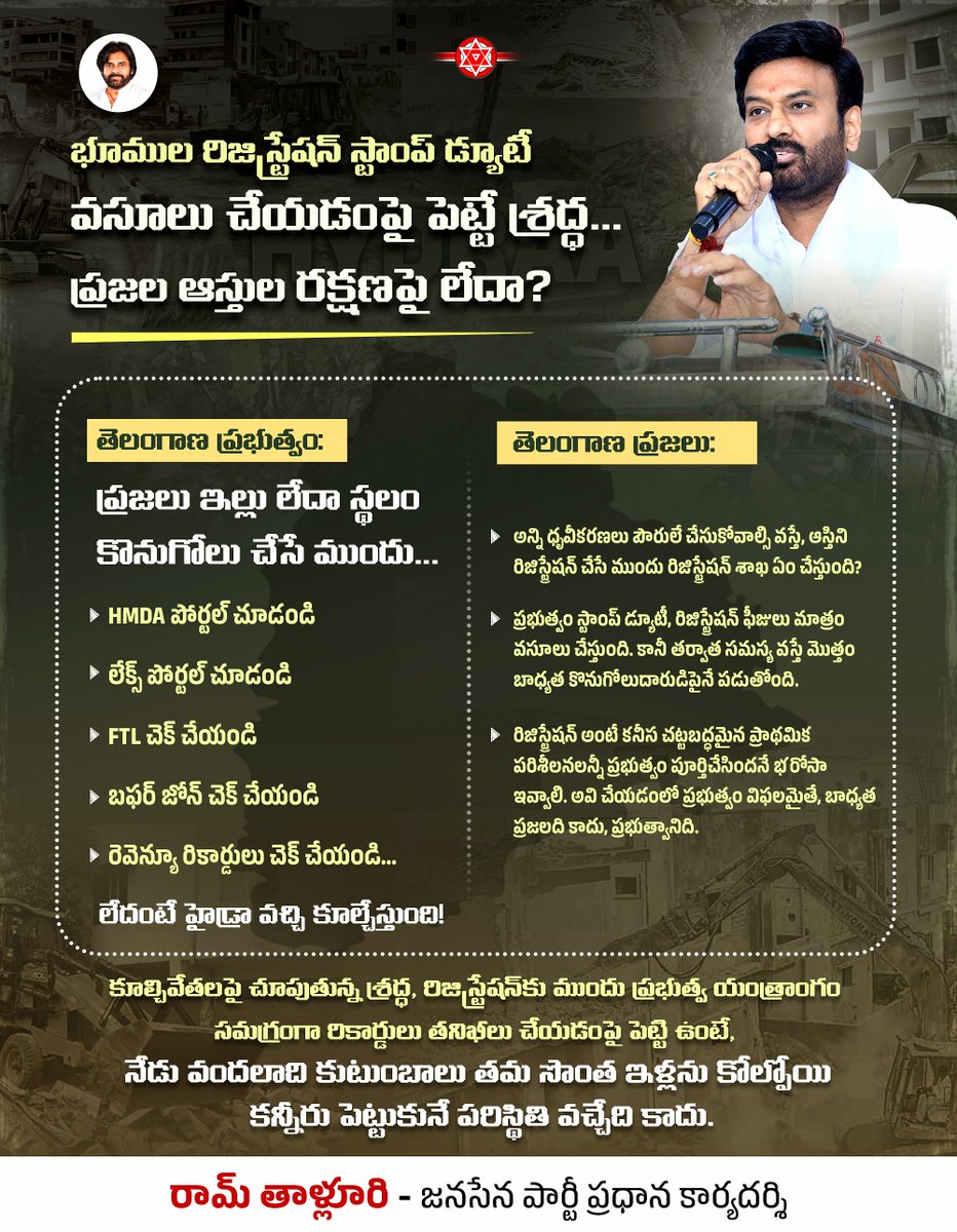 itsRamTalluri's tweet photo. భూముల రిజిస్ట్రేషన్ పన్నులు వసూలు చేయడంపై శ్రద్ధ పెట్టే తెలంగాణ ప్రభుత్వం, ప్రజల ఆస్తుల పరిరక్షణపై పెట్టలేదా @INCTelangana ?

▪️ఇతర దేశాల్లో ప్రజలు పన్నులు కట్టి ఆస్తి కొనుగోలు చేస్తే దానికి చట్టభద్రత, ఇన్సూరెన్స్ ఉంటుంది. మరి తెలంగాణలో హైడ్రా పేరుతో అన్ని అనుమతులు ఉన్న ఇల్లు కూల్చేస్తుంటే నష్టపరిహారం ఎవరు ఇస్తారు?

▪️ఏ భూమి బఫర్ జోన్‌లో ఉందో, ఏది లేదో ప్రభుత్వ యంత్రాంగానికే స్పష్టత లేకుండా అనుమతులు ఇచ్చేసి, ఇప్పుడు మీరు చేసిన తప్పుకు ప్రజలు ఎందుకు నష్టపోవాలి?

▪️అధికారులు అన్ని చెక్ చేసుకున్నాక అనుమతులు ఇవ్వాల్సింది పోయి, ప్రజలను చెక్ చేసుకోమంటారా? ప్రజలు చెక్ చేసుకునేట్లయితే ప్రభుత్వం ఏం చేస్తుందో చెప్పాలి.

▪️@Comm_HYDRAA వారు కూడా ఈ విషయంలో ఆలోచించాలి. ప్రభుత్వ తప్పుడు నిర్ణయాలకు ప్రజలు నష్టపోతున్నారు.

▪️ దయచేసి గౌరవ ముఖ్యమంత్రి శ్రీ @revanth_anumula గారు అధికారులకు స్పష్టమైన ఆదేశాలు ఇచ్చి ప్రజల ప్రయోజనాలు కాపాడాలని కోరుతున్నాను. అలాగే దీనిపై @BRSparty వారు, @KTRBRS గారు, అలాగే @BJP4Telangana అధ్యక్షులు శ్రీ @N_RamchanderRao గారు స్పందించాలని కోరుతున్నాను.

@JSPTelangana @JanaSenaParty @PawanKalyan 
#JSPForTelangana