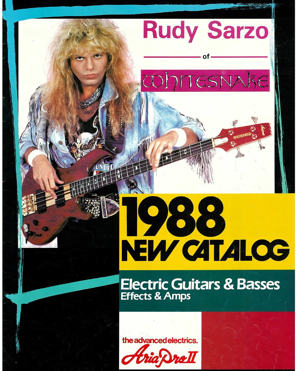 ARIA_Guitars's tweet photo. Throwback Thursday
1988 - From the golden era of rock.
Rudy Sarzo of Whitesnake is featured on the cover of our 1988 catalogue, holding his Aria Pro II SB-RSZ.
A piece of Aria Pro II history.
#ThrowbackThursday #AriaProII #RudySarzo #Whitesnake #BassHistory https://t.co/Rpi9H2oFzg