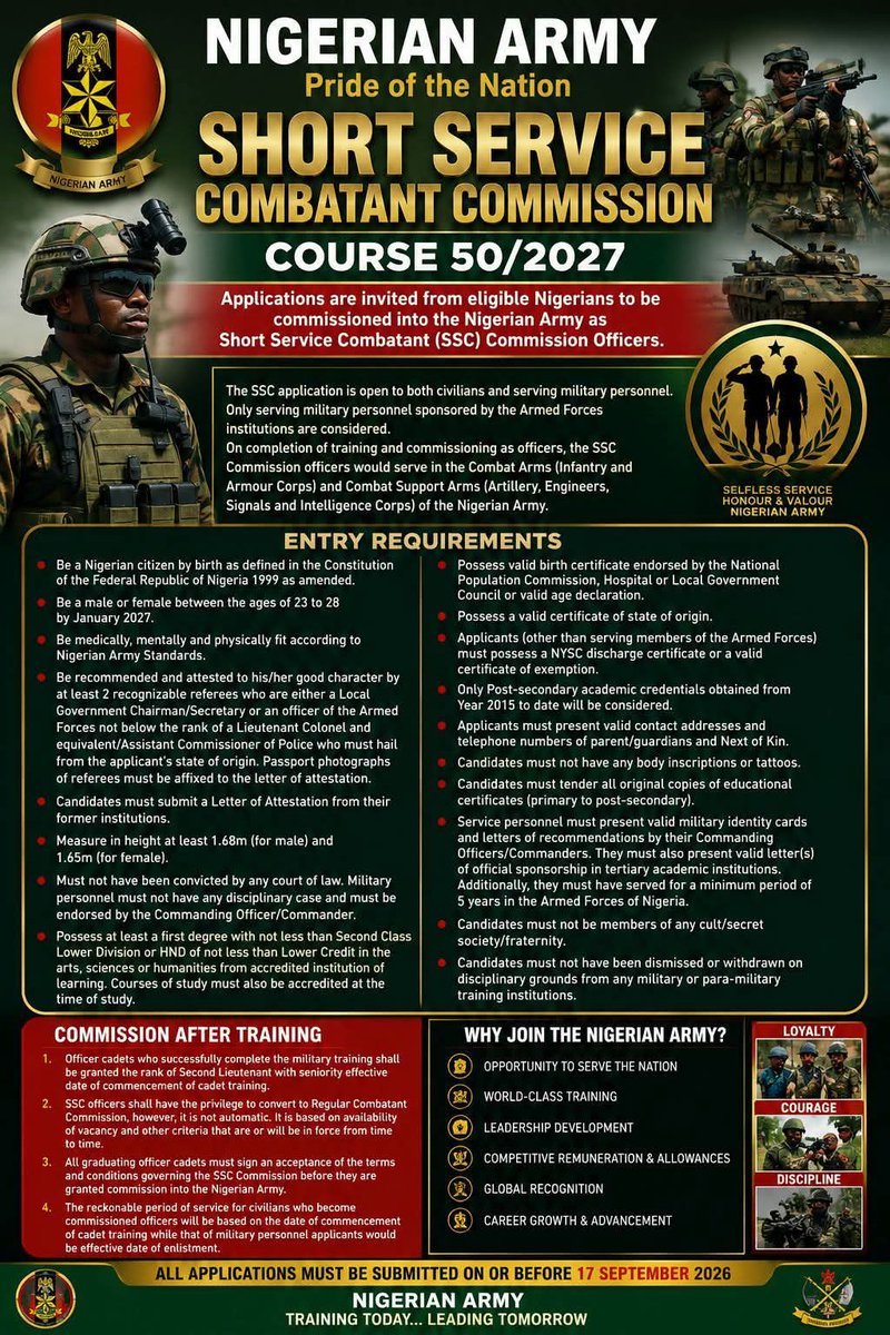 r_beej's tweet photo. The Nigerian Army has officially opened applications for the Short Service Combatant Commission (SSC) Course 50/2027.

If you're a qualified Nigerian graduate with a passion for serving your country, this is an opportunity to begin a career as a commissioned officer in the Nigerian Army.

Visit my website for the full eligibility requirements, application guide, and official recruitment portal.

Apply here: https://t.co/O4Ei3AeQ96

Application Deadline: 17 September 2026
#NigerianArmy #NigerianArmyRecruitment #ArmyRecruitment #SSC2027 #ShortServiceCombatantCommission #MilitaryJobs #DefenceJobs #NigeriaJobs #GraduateJobs #FederalGovernmentJobs #GovernmentJobs #CareerOpportunities #OfficerCadet #MilitaryCareer #ArmedForces #JobAlert #JobVacancy #Recruitment2026 #NaijaJobs #EmploymentNigeria #JobSeekers #LatestJobs #ApplyNow #YouthOpportunities #PublicSectorJobs #CareerInTheArmy #NigerianGraduates #JobsInNigeria #PreciousEducator #RecruitmentUpdate