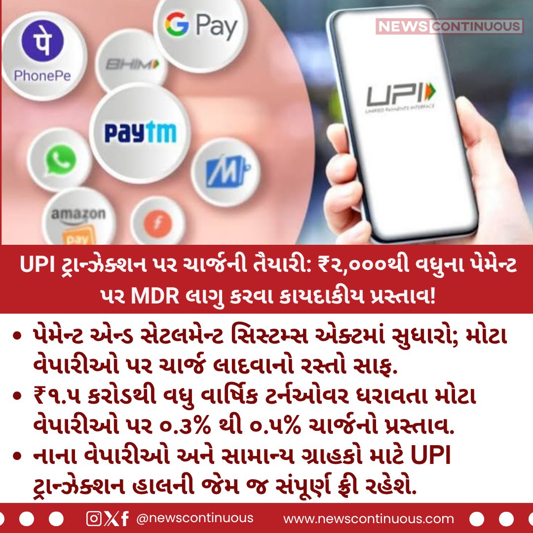NewsContinuous's tweet photo. UPI પેમેન્ટ મોંઘું થવાના સંકેત: ₹૨,૦૦૦થી વધુના ટ્રાન્ઝેક્શન પર મર્ચન્ટ ચાર્જ (MDR) લાદવા સરકારની તૈયારી
#UPIUpdate #MDRCharge #DigitalIndia #UPIPayment #FinanceNewsGujarati #BusinessNewsGujarati #GujaratNewsGujarati #BreakingNewsGujarati https://t.co/pO63c4mzXj