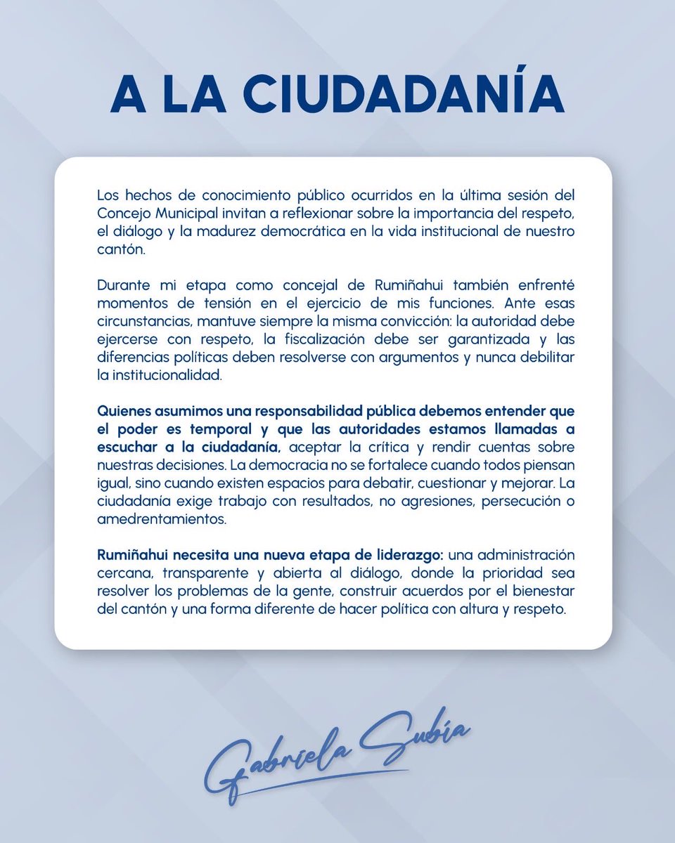 GabySubia's tweet photo. 📍Los hechos recientes nos invitan a reflexionar sobre la importancia del diálogo y el respeto a los ciudadanos y a la institucionalidad.

Rumiñahui necesita un nuevo liderazgo y una forma distinta de hacer política.

📑 Te invito a leer mi comunicado completo 👇

#Respeto https://t.co/MU0DYcS06D