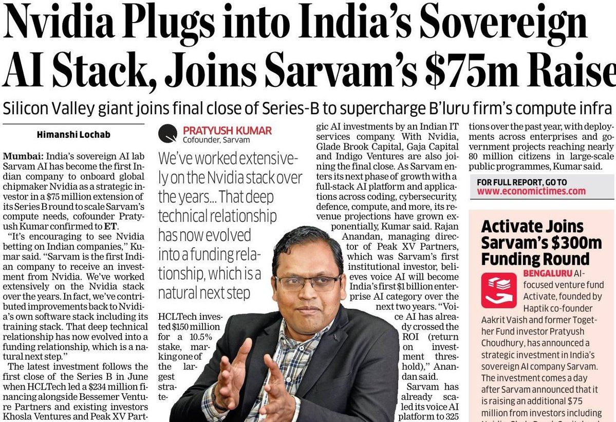 lakshmishaks's tweet photo. Nvidia joined Sarvam AI's $75 million Series B extension, valuing the company at $1.5 billion. The funding follows a $234 million first close led by HCLTech and supports India's sovereign AI stack with foundation models, inference infrastructure and enterprise AI products. https://t.co/6V2YfMuw1a