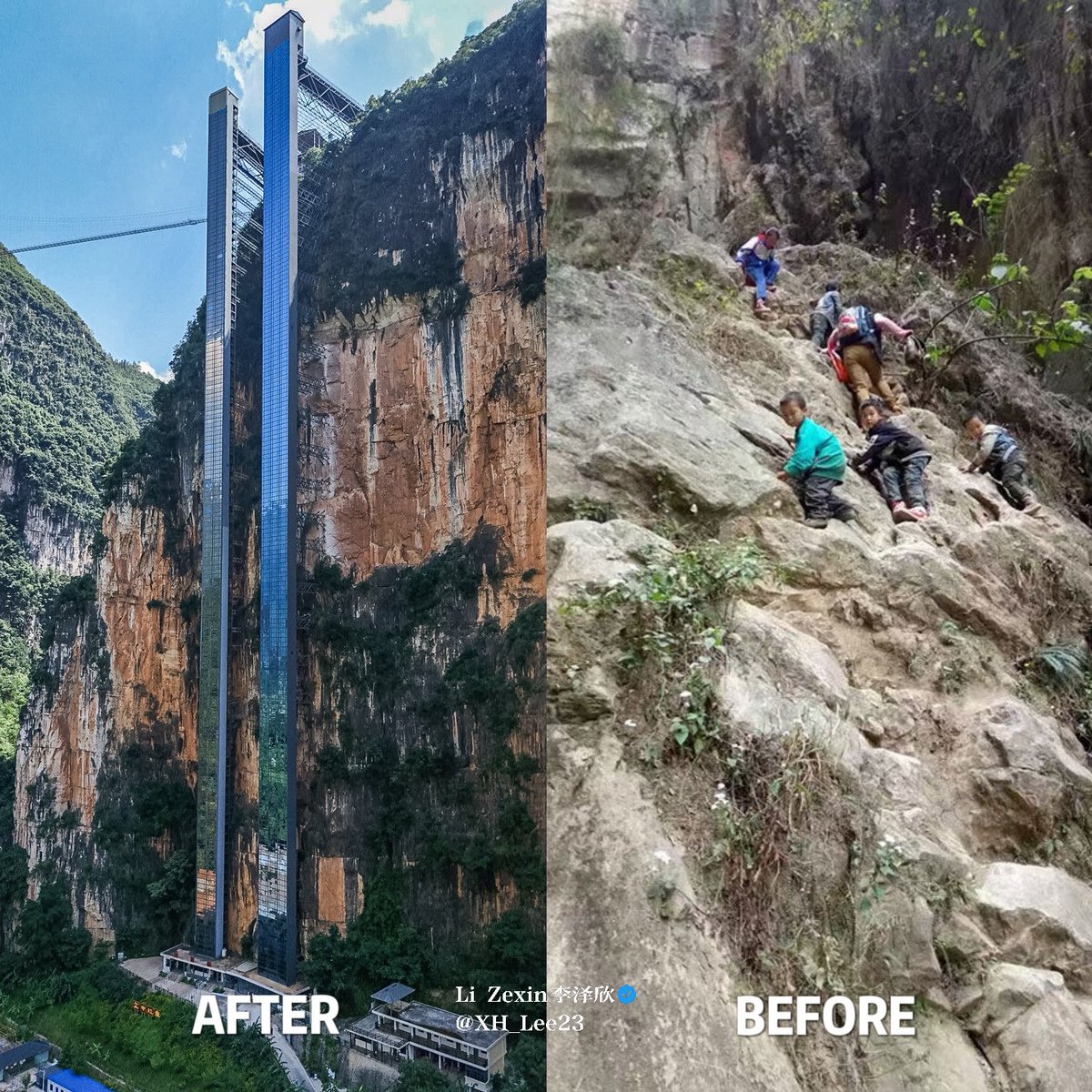 XH_Lee23's tweet photo. In a capitalist country, the government's failures are blamed on communism.

Ironically, meanwhile, in what they always call communist China, people are actually cared about.

China built cliff elevators, free for mountain kids, so they can get to school safe and fast. https://t.co/ZOdPhgm3A9